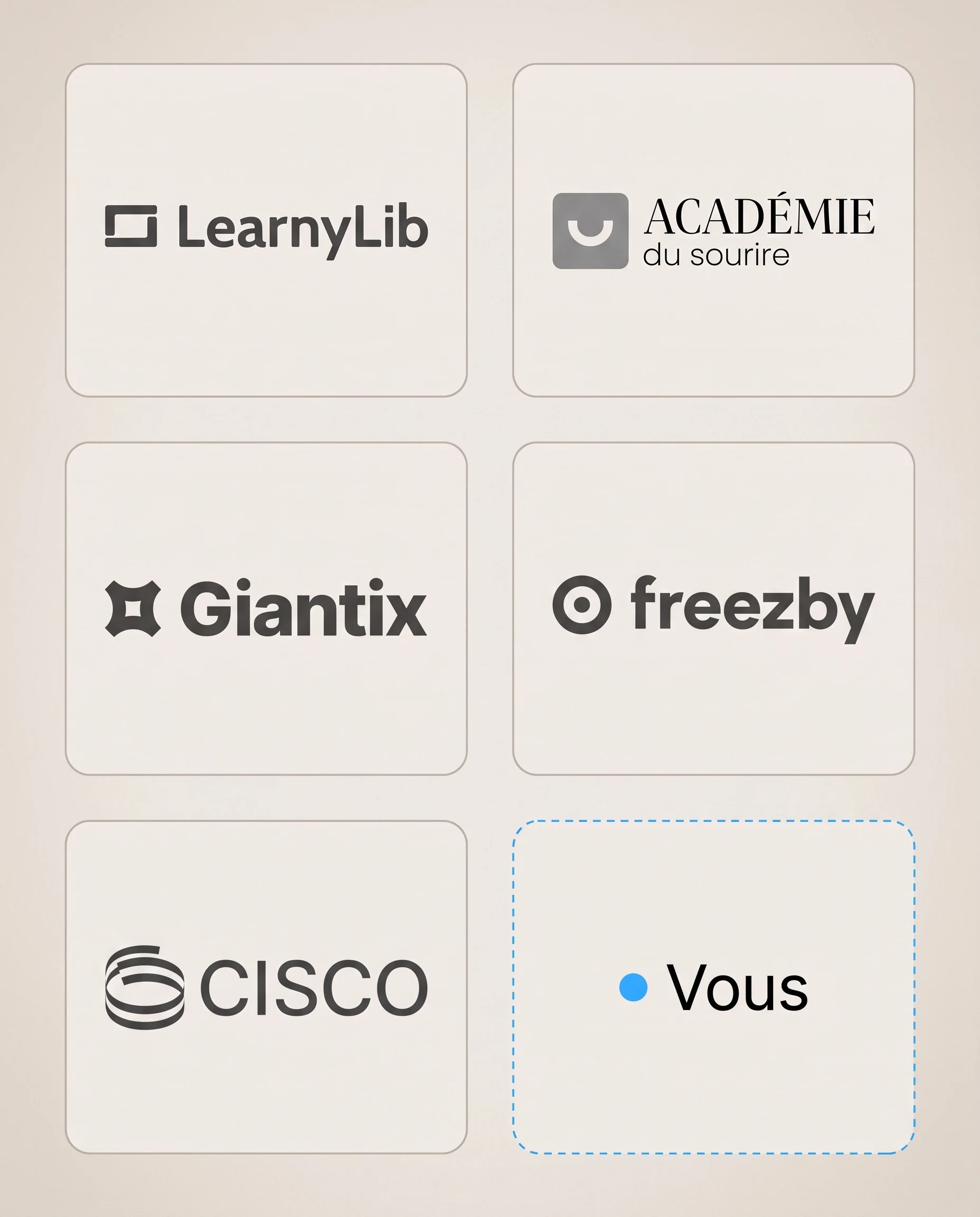 Les marques de l’écosystème LearnyLib Group — LearnyLib, Académie du Sourire, Giantix, Freezby, Cisco — et une place « Vous »
